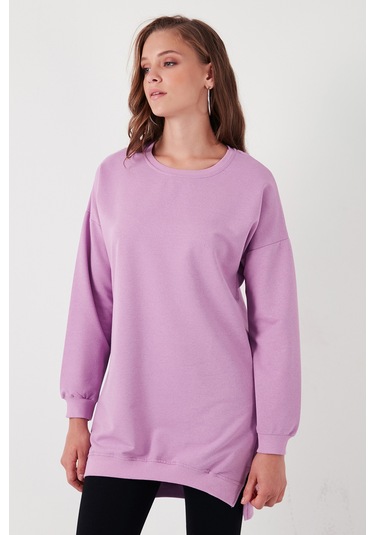 Lela Modest Pamuklu Bisiklet Yaka Oversize Fit Bayan Tunik 5864896 Lila