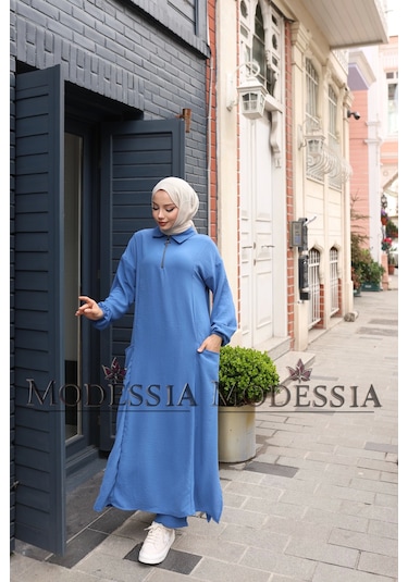 Kadın Mavi Aerobin Uzun Önü Yarım Fermuarlı İkili Takım T1217 Mavi