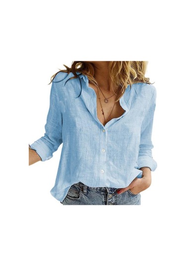 Mavi Büyük Beden Renkli Tek Sıra Düğmeli Yaz Katı Zarif Bol Kesim Gömlek Mavi
