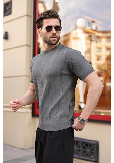 Antrasit Bisiklet Yaka Slim Fit Triko Erkek Tişört E7466