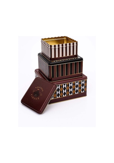 Festival Desenli 3'lü Kare Metal Saklama Kabı Seti 2,2 Lt + 3,7 Lt + 5,8 Lt