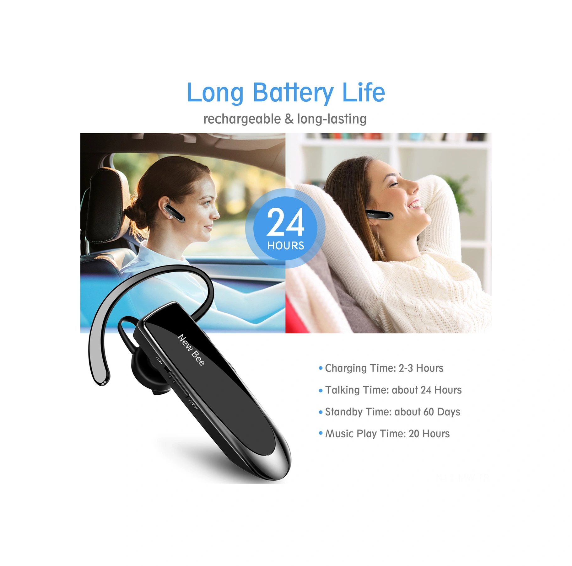 Moveevo New Bee B41 Tek Kulaklı Bluetooth 5.0 Kulaklık - Elsiz Konuşma, 24 Saat Konuşma Süresi, Ergonomik Tasarım, Siyah