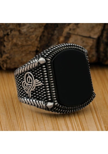 925 Ayar Gümüş Oniks Taşlı Tuğralı Erkek Yüzük - 553966439