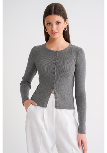 6931 Kadın Düğmeli Fitilli Triko Hırka Gri Gri