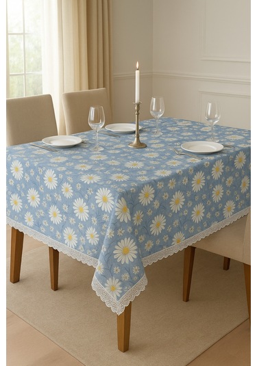 Açık Mavi Papatyalı Masa Örtüsü Su Geçirmez, Silinebilir Şık Dikdörtgen Model Mavi