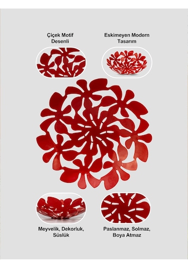 Daisy Dekoratif Metal Meyvelik, Metal Kase, Tabak 33cm - Kırmızı