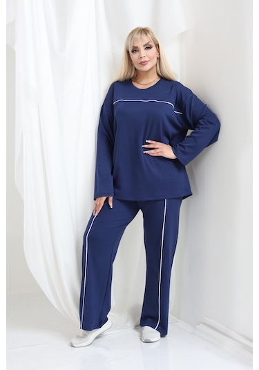 Biyeli Büyük Beden Oysho Tarzı Modal Kumaş Uzun Kollu Biyeli Rahat Günlük Takım Lacivert