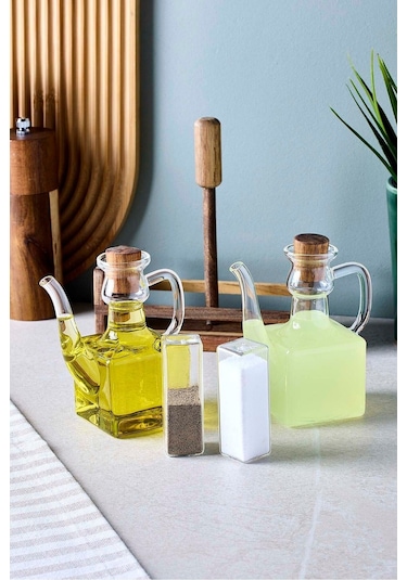 Romey 4'lü Borosilikat Cam Akasya Standlı Yağdanlık Tuzluk Biberlik Seti Seffaf Şeffaf