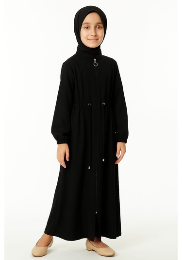 Medine İpeği Beli Lastikli Bağcıklı Çocuk Ferace Siyah Siyah