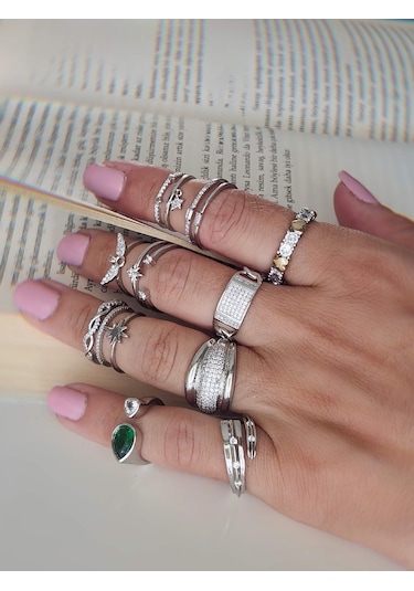 Kalp Tek Taş Model Ayarlanabilir Silver Gold Altın Renkli Yüzük Çok Renkli