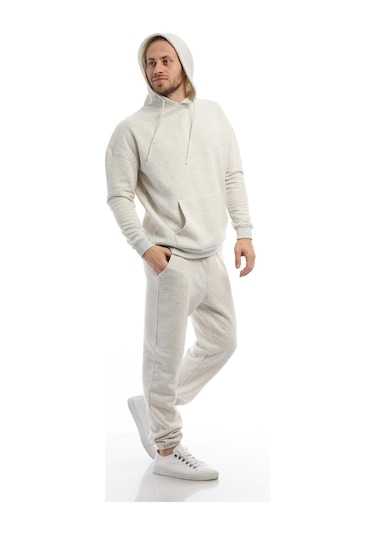 Erkek Kapüşonlu Kanguru Cepli Sweatshirt Kar Melanj