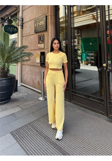 Sarı Modal Keten Desenli Bisiklet Yaka Takım Sarı