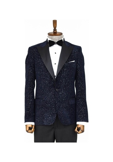 Wessi Işıltılı Çiçek Desenli Lacivert Erkek Smokin Ceket Lacivert