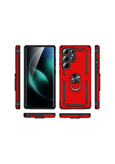 Samsung Galaxy Uyumlu S25 Ultra Kılıf Sofya Yüzüklü Standlı Zırhlı Korumalı Silikon Kılıf Siyah