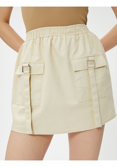 Koton Keten Mini Etek Kargo Cepli Bej 3sak70151ew Ekru