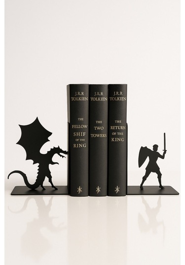 Ejderha Ve Savaşçı Figürlü Metal Kitap Tutucu 2 Li Set Fantastik Dekoratif Kitaplık Aksesuarı
