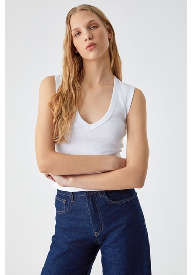 GRIMELANGE Lescosa Kadın Slim V Yaka Kolsuz Beyaz T-shirt Beyaz