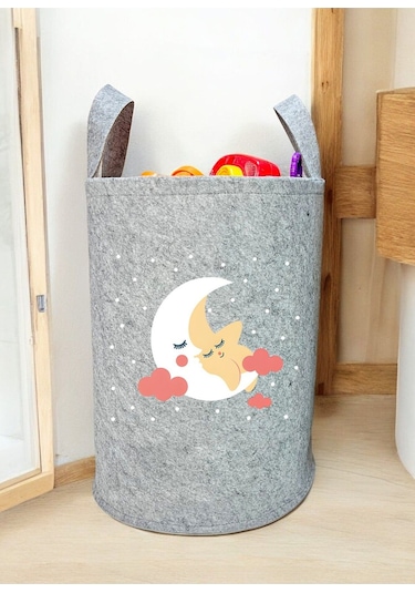 Unisex Ay Yıldız Desenli Bebek Çocuk Odası Düzenleyici Saklama Kutusu Oyuncak Kirli Sepeti 50x40 Cm Gri