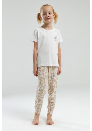 Arnetta 3303 Kız Çocuk Desenli Bisiklet Yaka Şortlu Kısa Kol Pijama Takım Bej
