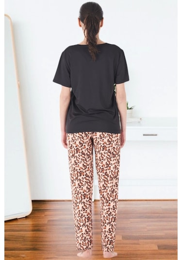 Estiva 25161 Kadın Marla Leoparlı Kısa Kol Pijama Takımı Siyah