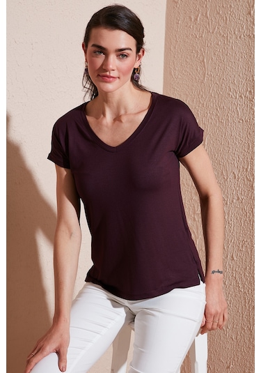 Lela V Yaka Rahat Kesim Yırtmaçlı Bayan Bluz 5862000 Vişne