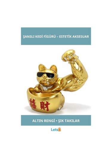 Altın Renk Şanslı Kedi Figürü Şık Dekorasyon 1 Adet