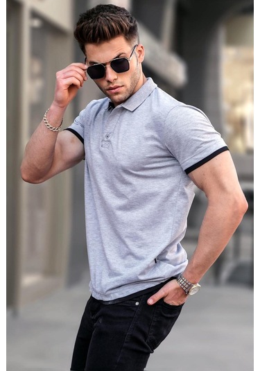 Madmext Gri Basic Polo Yaka Tişört 5885-Gri