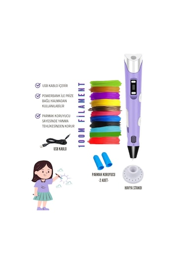 Mor 3D Kalem 3D Pen Yazıcı Kalem – 20 Adet 5 Metrelik PLA Filament (Toplam 100M) + USB Kablo