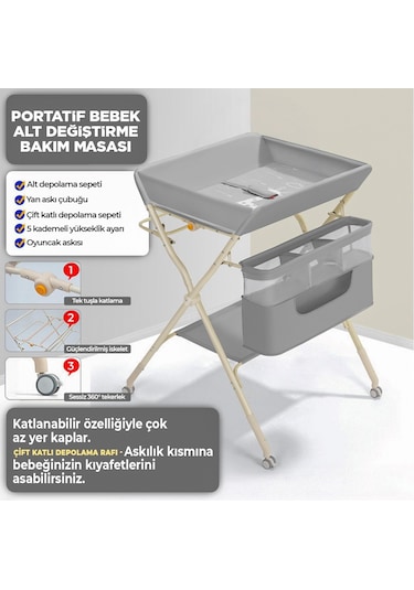 Portatif Bebek Alt Değiştirme Bakım Masası Sepetli Organizer Katlanabilir Taşınabilir İstasyon Tekerlekli Askılık Gri Portatif Bebek Alt Değiştirme Bakım Masası Sepetli Organizer Katlanabilir Taşınabilir İstasyon Tekerlekli Askılık Gri