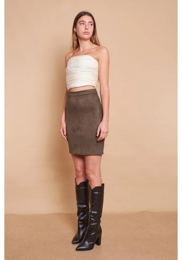 Kadın Hafif Likralı Süet Kumaş Yüksek Bel Diz Üstü Kalem Etek-haki Haki