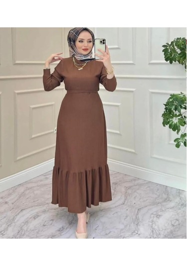 Lovie Moda Kadın Eteği Volanlı Elbise Kahverengi