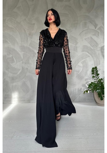 Munn Collection Siyah Kolları Tül Etekli Tulum Siyah