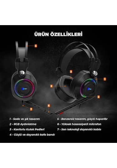 Lecoo HT405 3.5 MM Jack + USB Kablolu RGB Kulak Üstü Gaming Kulaklık