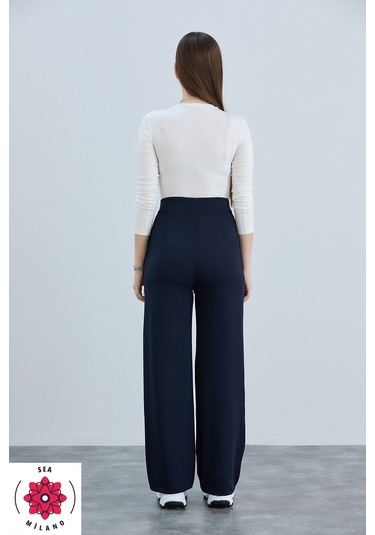 Kadın Gri Cırt Cırtlı Kapama Rahat Palazzo Likralı Esnek Beli Lastikli Pantolon Yüksek Bel Lacivert