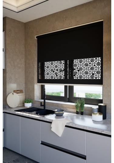 Lazer Kesim Mat Stor Perde, Lazer Kesimli Klasik Serisi, C-101008 Siyah Renk