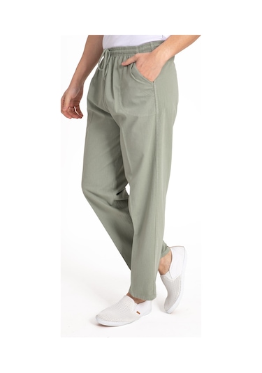 Erkek Ham Bez Lastikli Yüksek Bel Rahat Kalıp %100 Natural Pamuk Eşofman Alt Pantolon Alt Giyim 2188-Haki Yeşili Haki