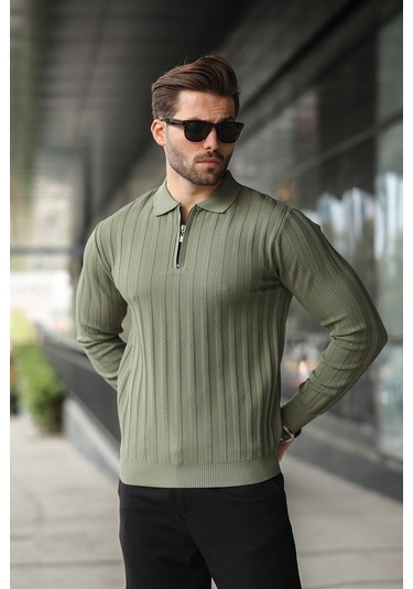 Haki Yarım Fermuarlı Polo Yaka Triko Kazak E7426 Haki