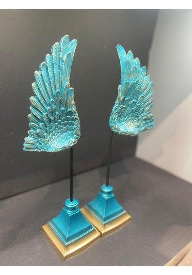 Dekoratif Polyester Ikili Melek Kanatları Biblo Turkuaz Gold Eskitme