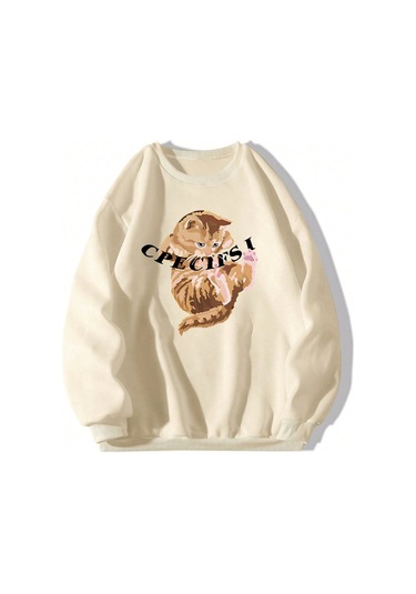 Karikatür & Harf Grafik Düşük Omuz Oversize Sweat-trzksw3471 Kayısı