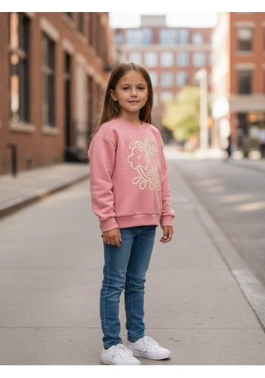 Kız Çocuk Pamuklu Çiçek Desenli Sweatshirt-16337 Pembe