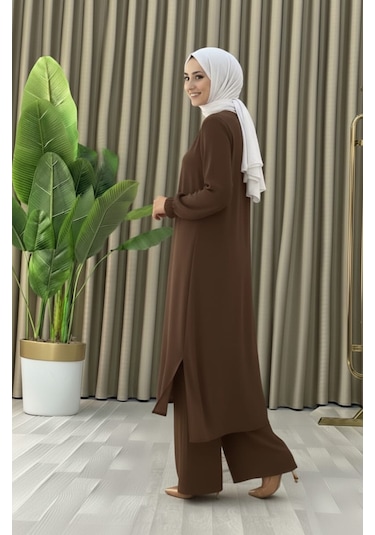 Tesettür İkili Takım Uzun Tunik Bol Paça Pantolon 4006-kahve Kahverengi