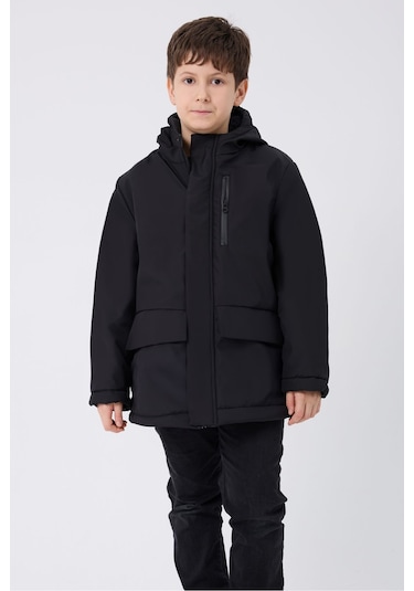 Kız Çocuk Siyah İçi Kürklü Su Ve Rüzgar Geçirmez Kapüşonlu 3 Cep Kışlık Mont & Kaban & Parka Siyah