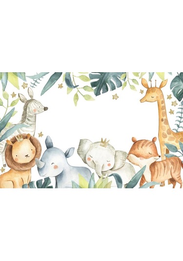 Sevimli Hayvanlar Tropikal Yapraklar Çocuk Odası Duvar Kağıdı