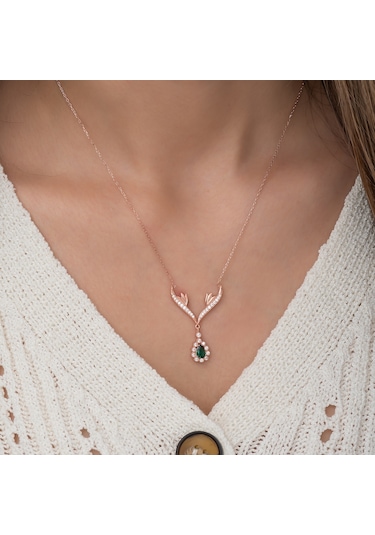 925 Ayar Yeşil Damla Taşlı Tasarım Kolye Kadın Gümüş Kolye