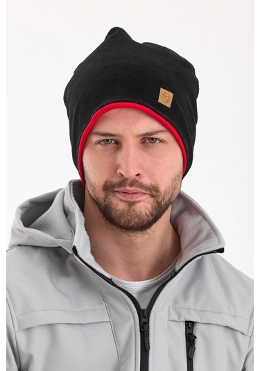 Erkek Siyah Polar Dış, Kahve Pamuklu Iç Kısım, Çift Renk Çift Katmanlı Katlanabilir Yumuşak Bere - Standart / Siyah-kırmızı Siyah-kırmızı