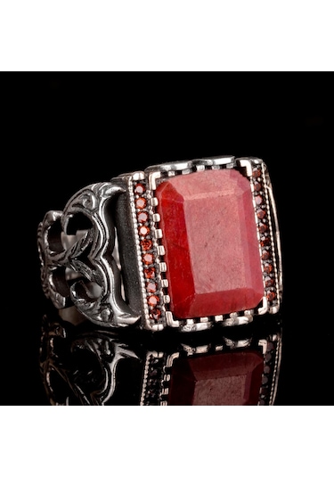 925 Ayar Gümüş Erkek Yüzük Doğal Yakut Taşı - Şık Kırmızı Taş Yüzük Gümüş