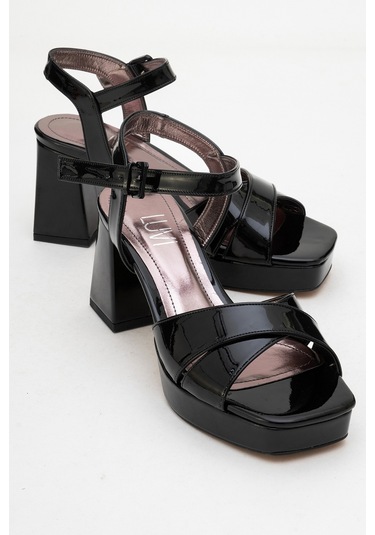 Lisbon Siyah Rugan Çapraz Bantlı Kadın Platform Topuklu Ayakkabı Siyah Rgn
