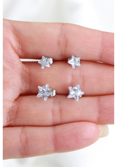 Niki Aksesuar Zirkon Yıldız Taşlı Çelik Büyük Boy Ve Küçük Boy Küpe Set Gümüş