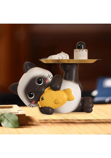 Homyl Reçine Kedi Anahtar Tepsisi Çok Amaçlı Masa Dekorasyonu 20,5 Cm X 13 Cm X 14 Cm