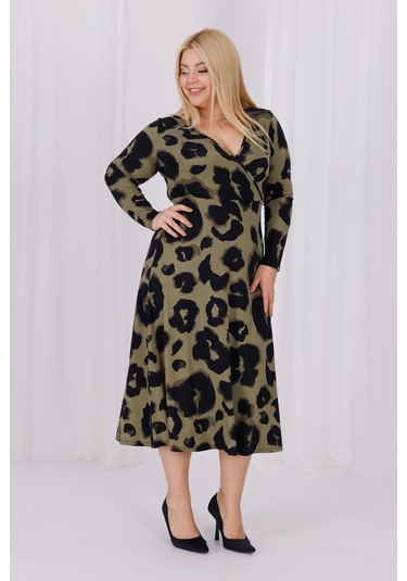 Kadın Haki Yeşil Leopar Desen Kruvaze Yaka Büyük Beden Esnek Maxi Elbise Haki